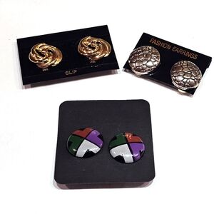 Costume Jewelry Clip Earrings Lot 3 Pair Gold Silver Tone Multicolored READ
